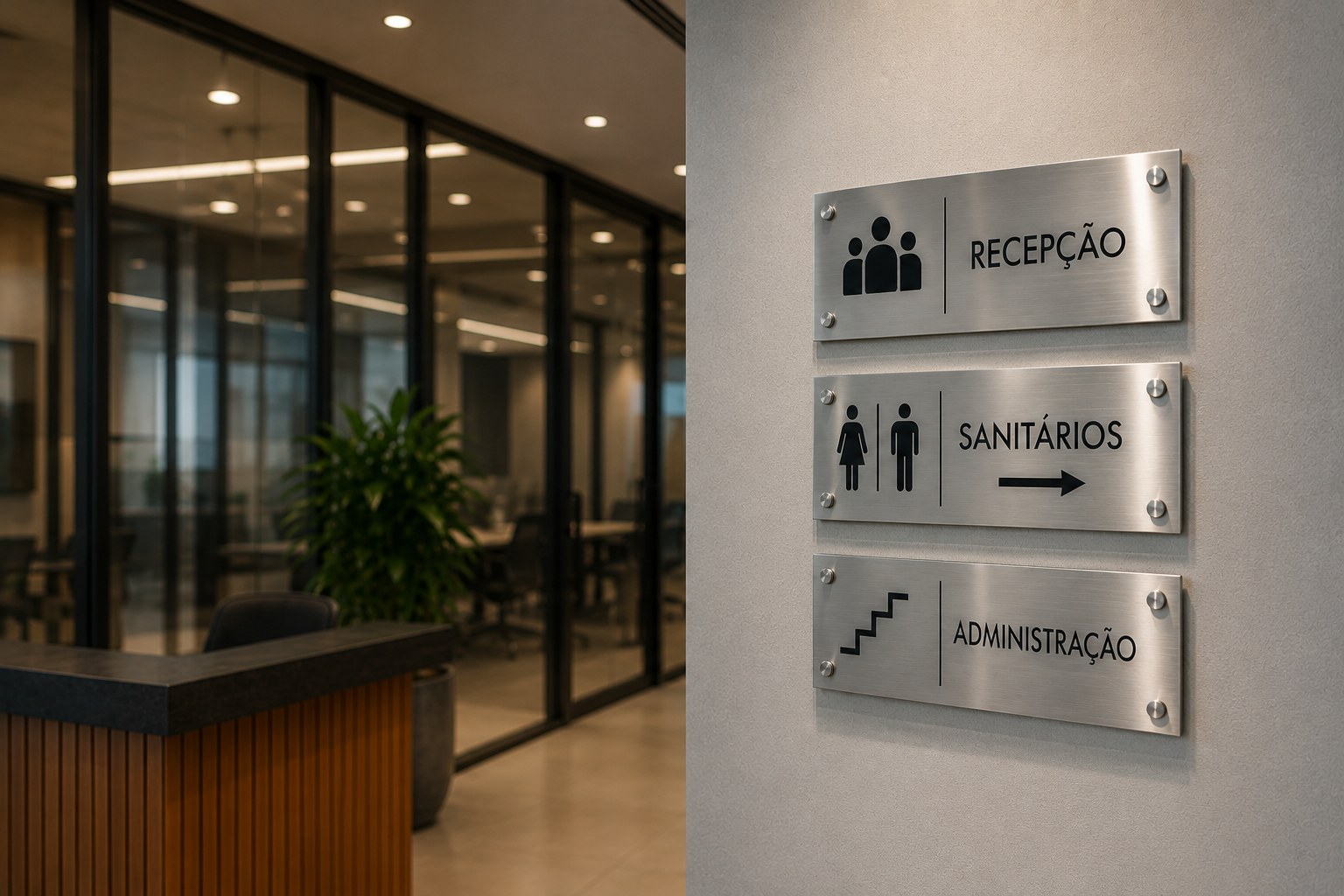 Saiba onde usar placa de aço inox em pontos comerciais e como sinalizar entradas, ambientes, áreas restritas e espaços de circulação